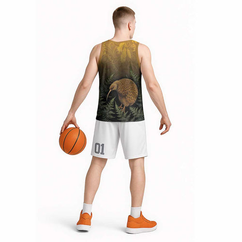 New Zealand Kiwi Bird Basketball Jersey Silver Fern Mix Maori Pattern