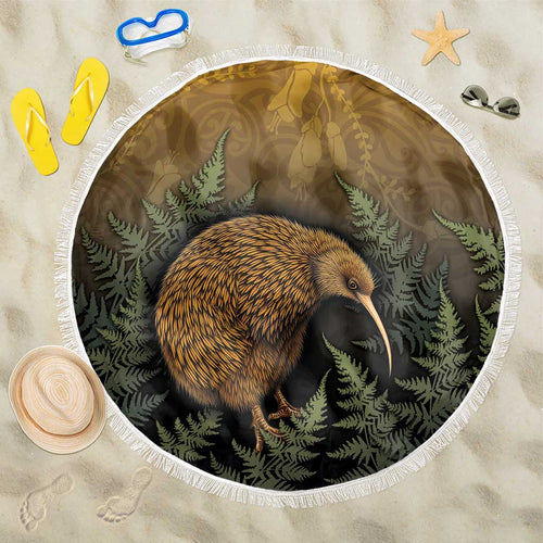 New Zealand Kiwi Bird Beach Blanket Silver Fern Mix Maori Pattern
