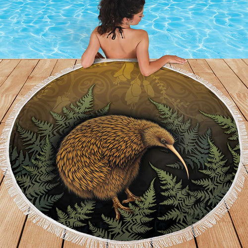 New Zealand Kiwi Bird Beach Blanket Silver Fern Mix Maori Pattern