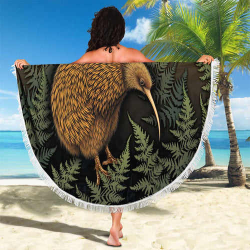 New Zealand Kiwi Bird Beach Blanket Silver Fern Mix Maori Pattern