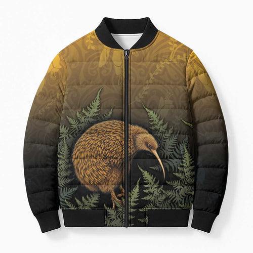 New Zealand Kiwi Bird Bomber Puffer Jacket Silver Fern Mix Maori Pattern