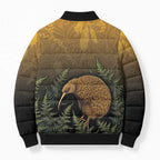 New Zealand Kiwi Bird Bomber Puffer Jacket Silver Fern Mix Maori Pattern
