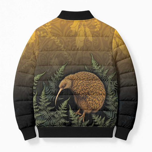 New Zealand Kiwi Bird Bomber Puffer Jacket Silver Fern Mix Maori Pattern