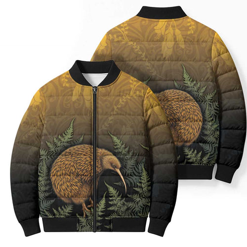New Zealand Kiwi Bird Bomber Puffer Jacket Silver Fern Mix Maori Pattern