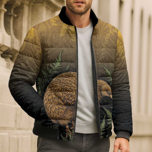 New Zealand Kiwi Bird Bomber Puffer Jacket Silver Fern Mix Maori Pattern