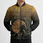 New Zealand Kiwi Bird Bomber Puffer Jacket Silver Fern Mix Maori Pattern