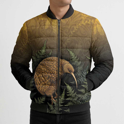 New Zealand Kiwi Bird Bomber Puffer Jacket Silver Fern Mix Maori Pattern