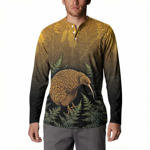 New Zealand Kiwi Bird Button Sweatshirt Silver Fern Mix Maori Pattern