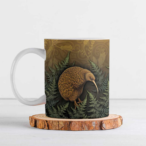 New Zealand Kiwi Bird Ceramic Mug Silver Fern Mix Maori Pattern