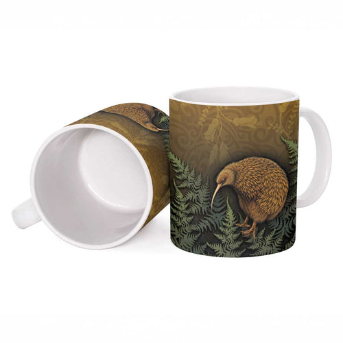 New Zealand Kiwi Bird Ceramic Mug Silver Fern Mix Maori Pattern