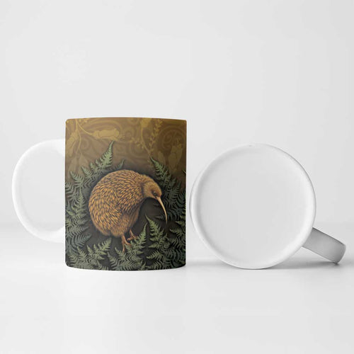 New Zealand Kiwi Bird Ceramic Mug Silver Fern Mix Maori Pattern