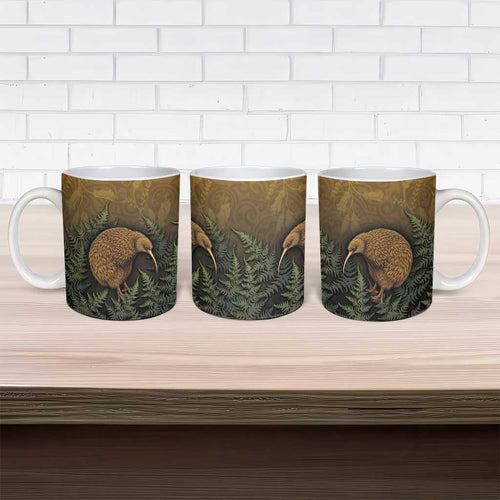 New Zealand Kiwi Bird Ceramic Mug Silver Fern Mix Maori Pattern