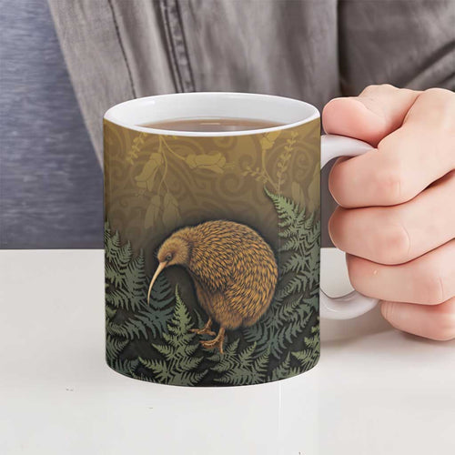 New Zealand Kiwi Bird Ceramic Mug Silver Fern Mix Maori Pattern