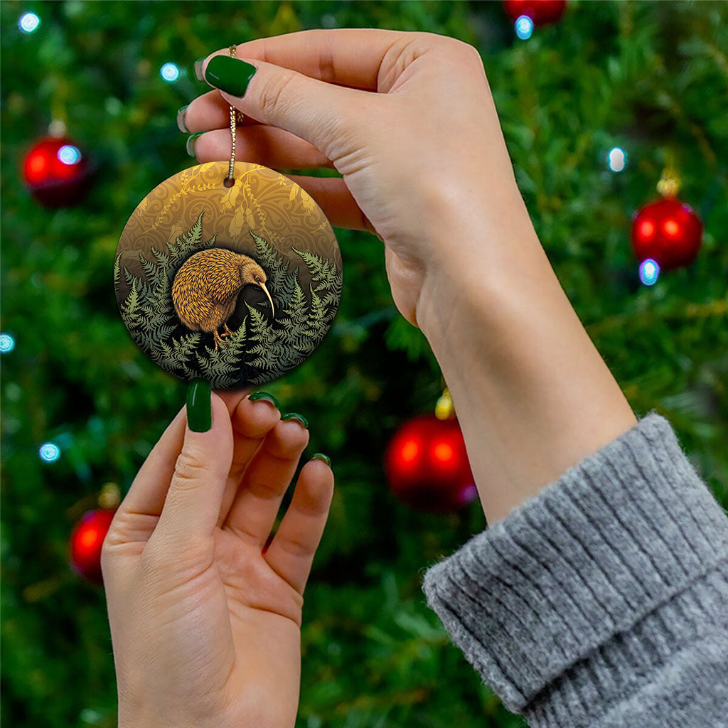New Zealand Kiwi Bird Ceramic Ornament Silver Fern Mix Maori Pattern