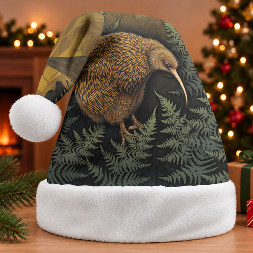 New Zealand Kiwi Bird Christmas Santa Hat Silver Fern Mix Maori Pattern