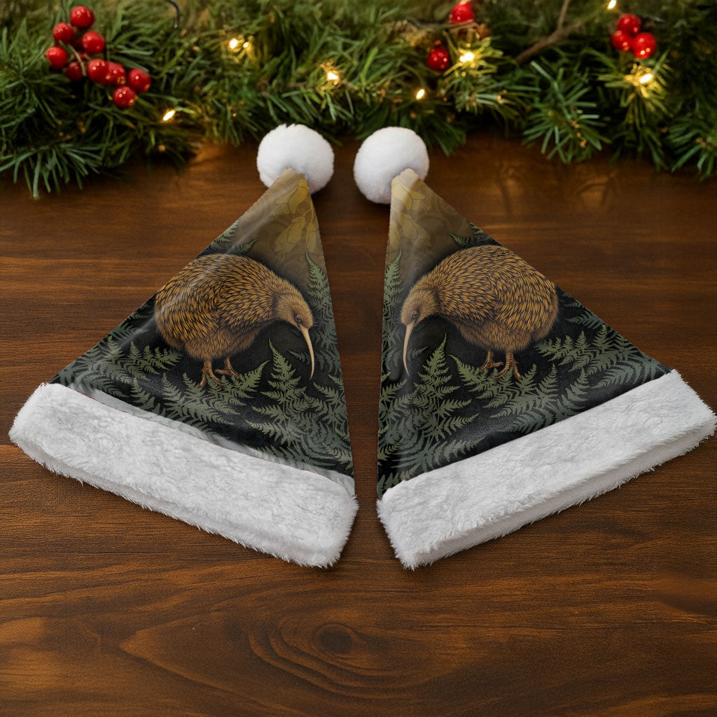 New Zealand Kiwi Bird Christmas Santa Hat Silver Fern Mix Maori Pattern