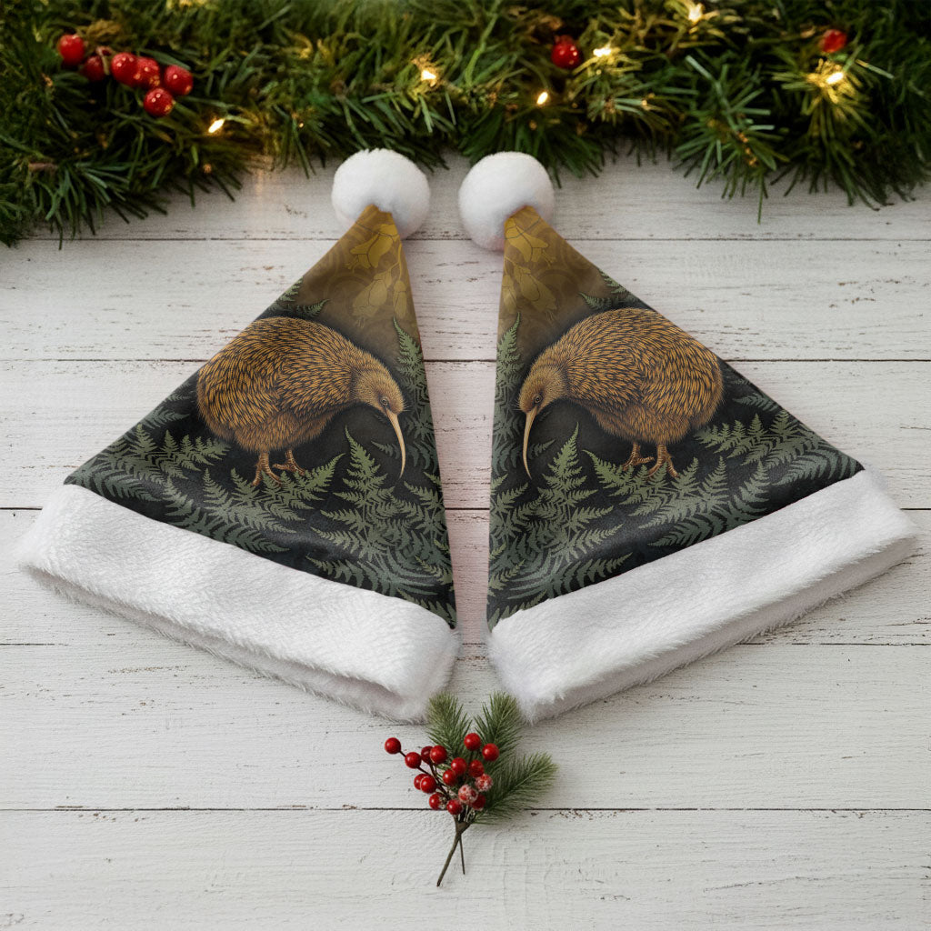 New Zealand Kiwi Bird Christmas Santa Hat Silver Fern Mix Maori Pattern