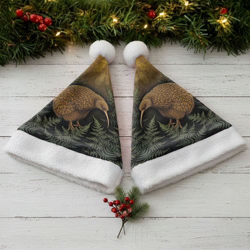 New Zealand Kiwi Bird Christmas Santa Hat Silver Fern Mix Maori Pattern