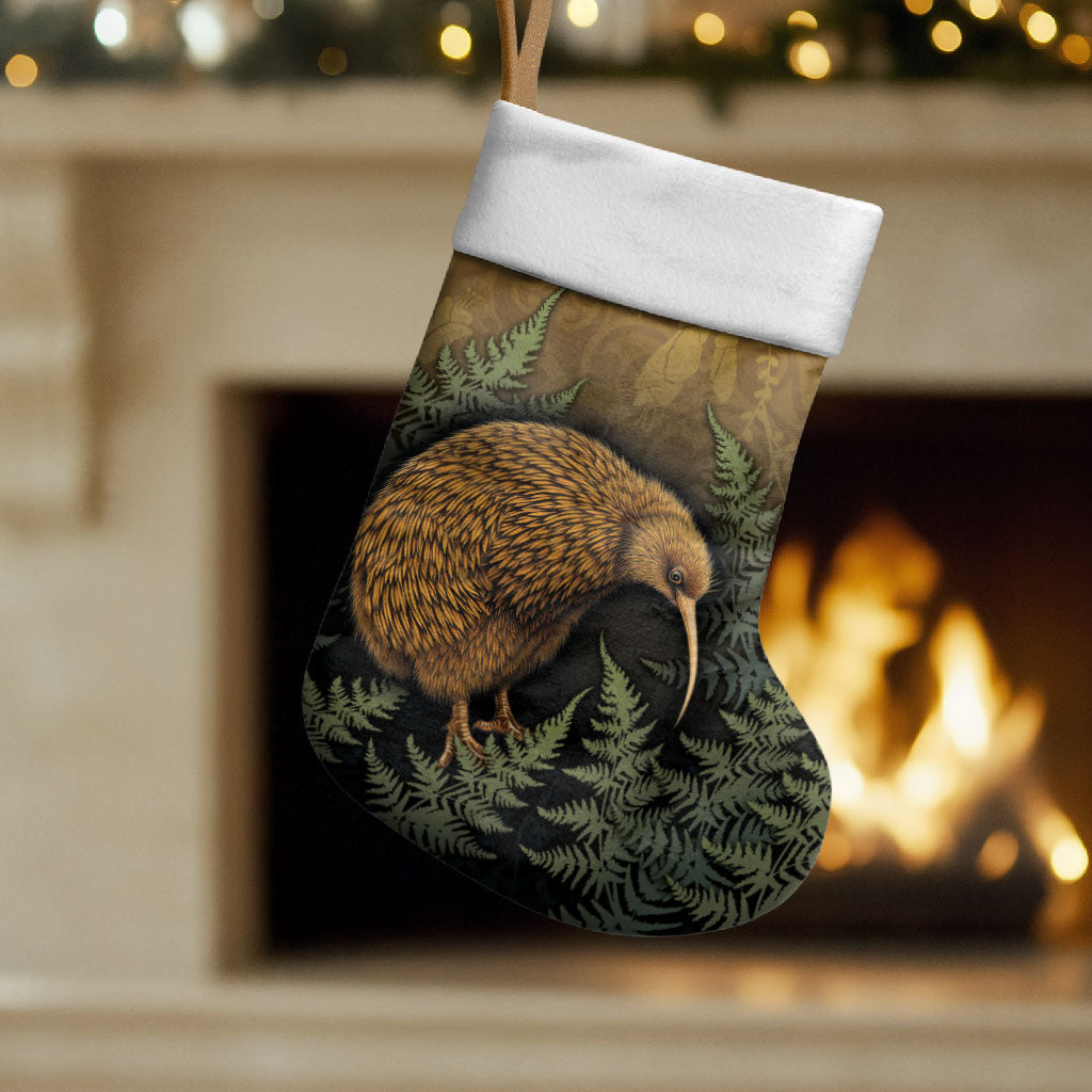 New Zealand Kiwi Bird Christmas Stocking Silver Fern Mix Maori Pattern