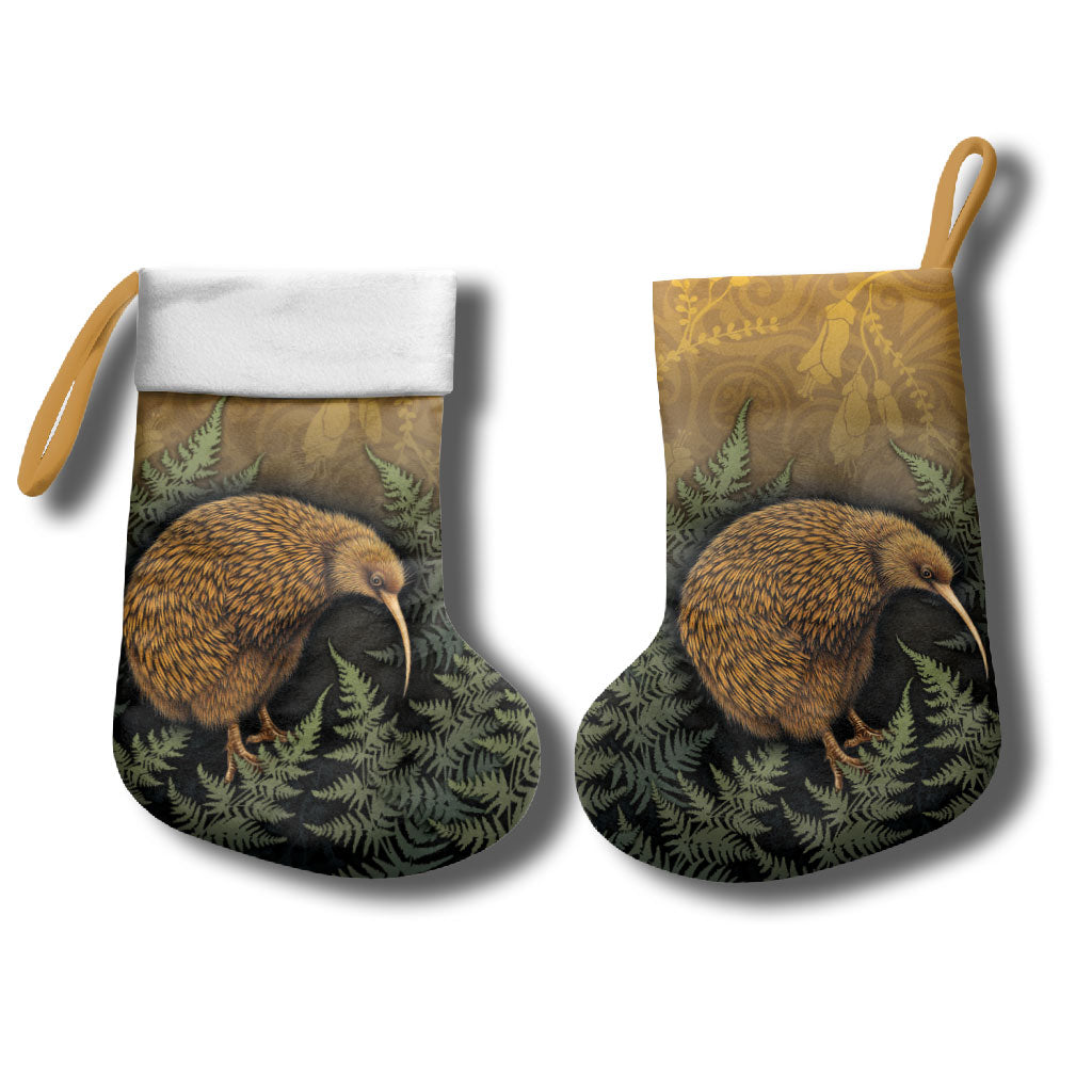New Zealand Kiwi Bird Christmas Stocking Silver Fern Mix Maori Pattern