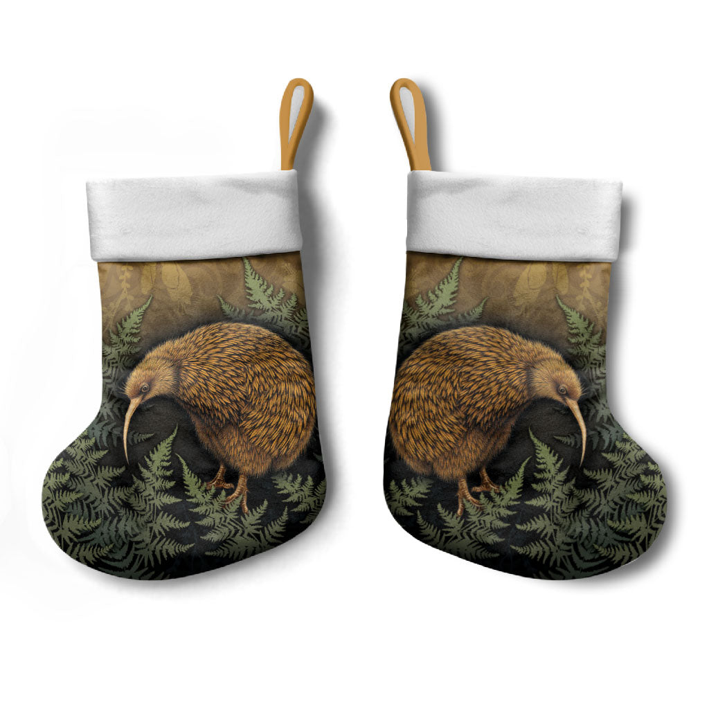 New Zealand Kiwi Bird Christmas Stocking Silver Fern Mix Maori Pattern