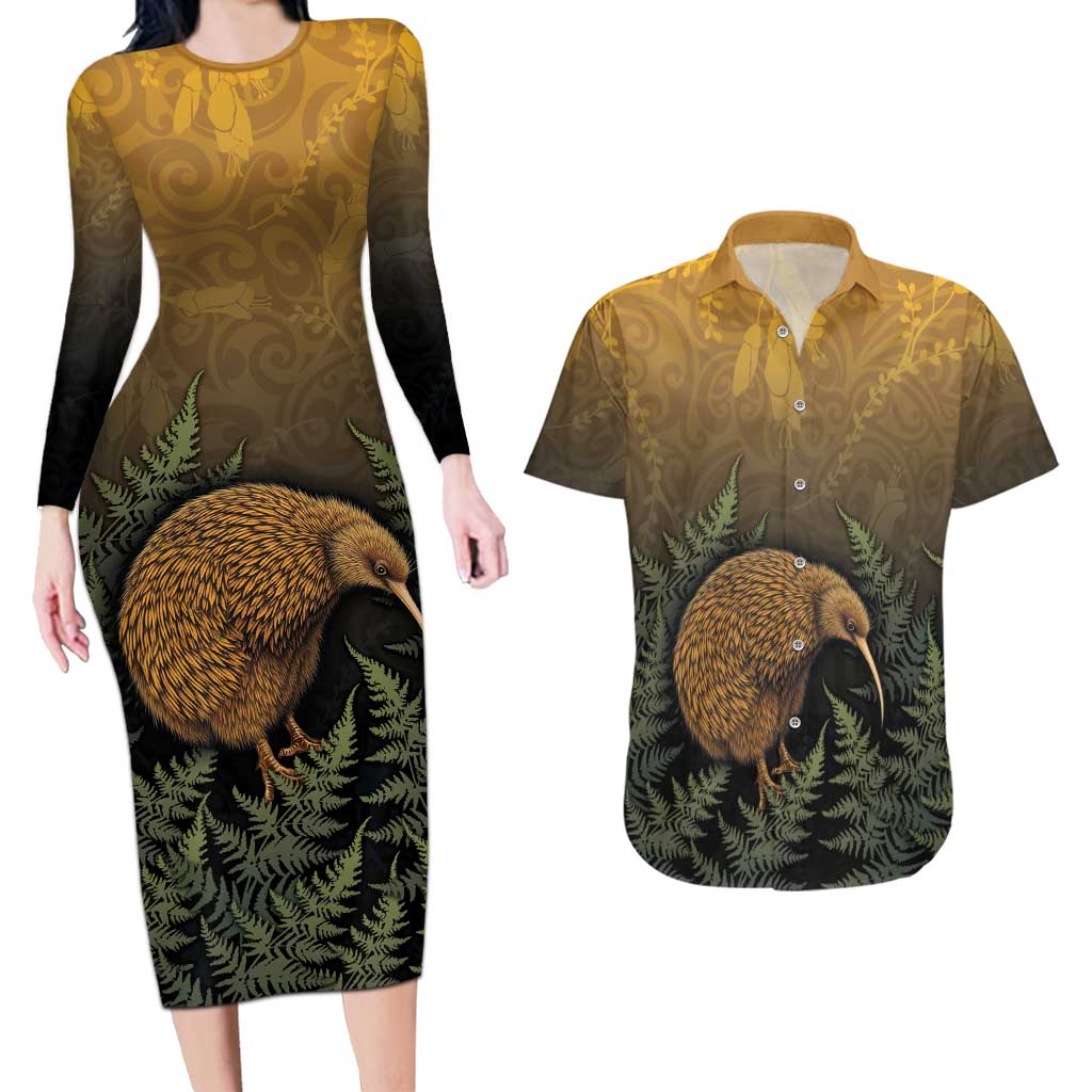 New Zealand Kiwi Bird Couples Matching Long Sleeve Bodycon Dress and Hawaiian Shirt Silver Fern Mix Maori Pattern