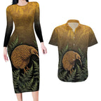 New Zealand Kiwi Bird Couples Matching Long Sleeve Bodycon Dress and Hawaiian Shirt Silver Fern Mix Maori Pattern