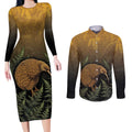 New Zealand Kiwi Bird Couples Matching Long Sleeve Bodycon Dress and Long Sleeve Button Shirt Silver Fern Mix Maori Pattern