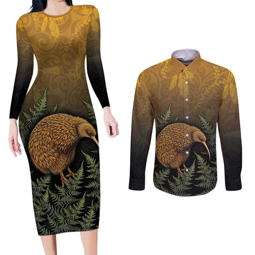 New Zealand Kiwi Bird Couples Matching Long Sleeve Bodycon Dress and Long Sleeve Button Shirt Silver Fern Mix Maori Pattern