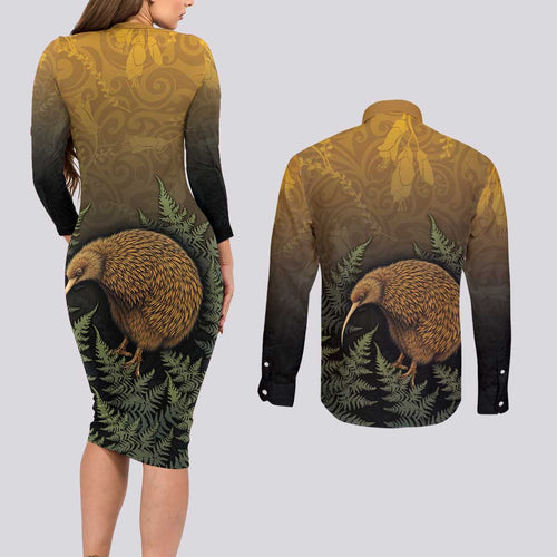 New Zealand Kiwi Bird Couples Matching Long Sleeve Bodycon Dress and Long Sleeve Button Shirt Silver Fern Mix Maori Pattern