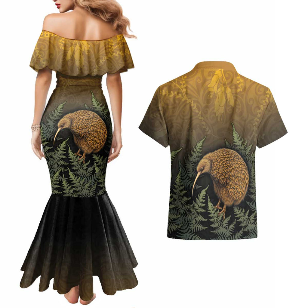 New Zealand Kiwi Bird Couples Matching Mermaid Dress and Hawaiian Shirt Silver Fern Mix Maori Pattern