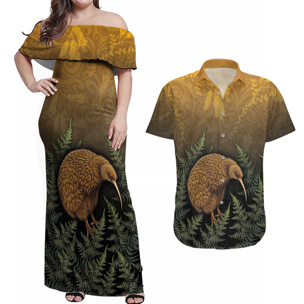 New Zealand Kiwi Bird Couples Matching Off Shoulder Maxi Dress and Hawaiian Shirt Silver Fern Mix Maori Pattern