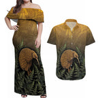 New Zealand Kiwi Bird Couples Matching Off Shoulder Maxi Dress and Hawaiian Shirt Silver Fern Mix Maori Pattern