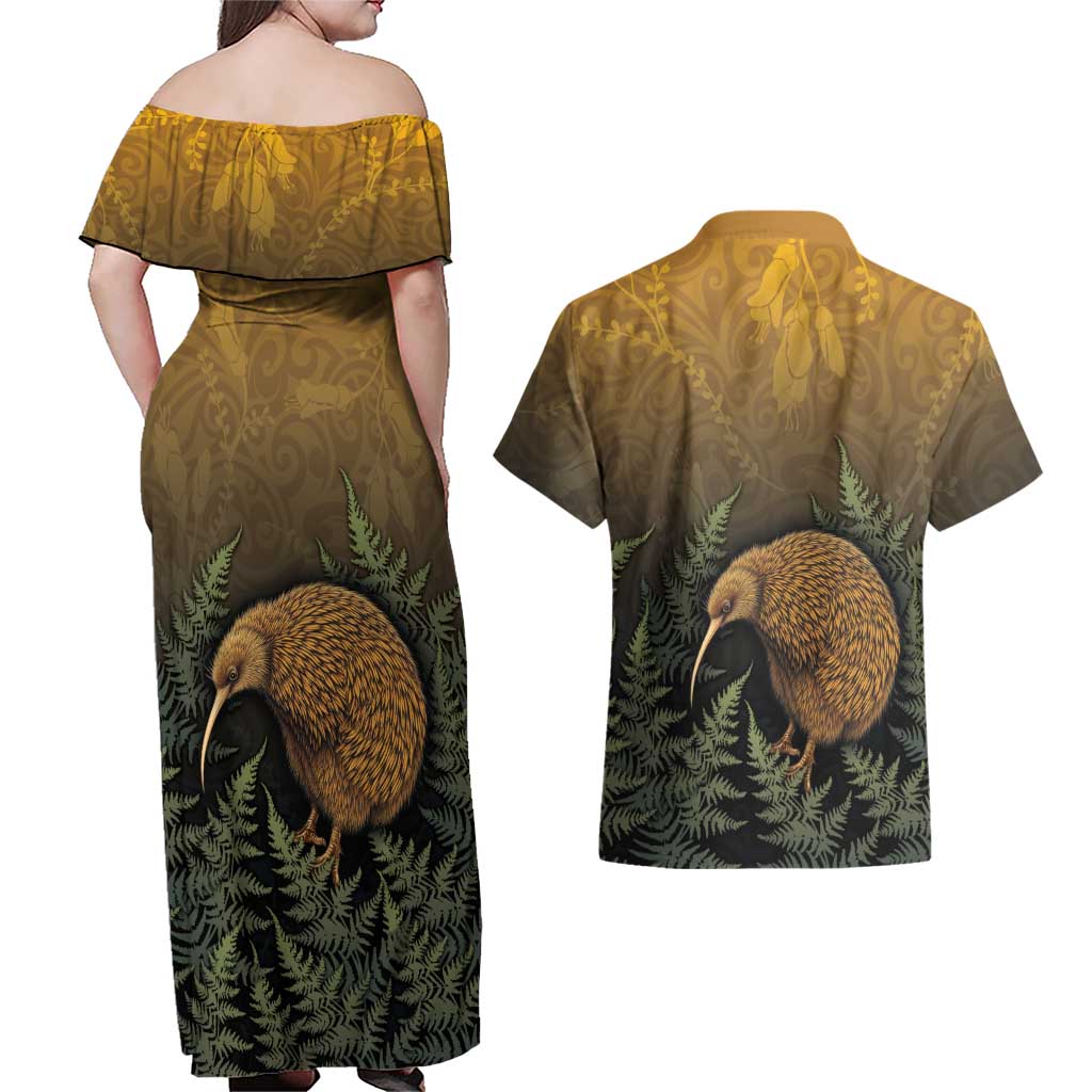 New Zealand Kiwi Bird Couples Matching Off Shoulder Maxi Dress and Hawaiian Shirt Silver Fern Mix Maori Pattern
