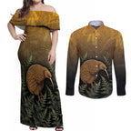 New Zealand Kiwi Bird Couples Matching Off Shoulder Maxi Dress and Long Sleeve Button Shirt Silver Fern Mix Maori Pattern