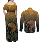New Zealand Kiwi Bird Couples Matching Off Shoulder Maxi Dress and Long Sleeve Button Shirt Silver Fern Mix Maori Pattern