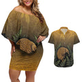 New Zealand Kiwi Bird Couples Matching Off Shoulder Short Dress and Hawaiian Shirt Silver Fern Mix Maori Pattern