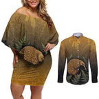 New Zealand Kiwi Bird Couples Matching Off Shoulder Short Dress and Long Sleeve Button Shirt Silver Fern Mix Maori Pattern