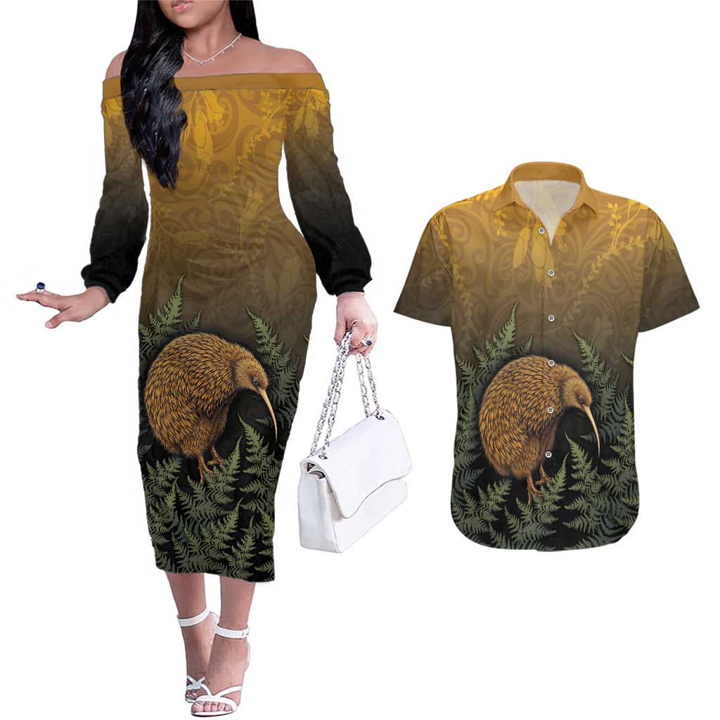 New Zealand Kiwi Bird Couples Matching Off The Shoulder Long Sleeve Dress and Hawaiian Shirt Silver Fern Mix Maori Pattern
