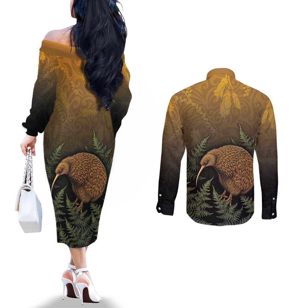 New Zealand Kiwi Bird Couples Matching Off The Shoulder Long Sleeve Dress and Long Sleeve Button Shirt Silver Fern Mix Maori Pattern
