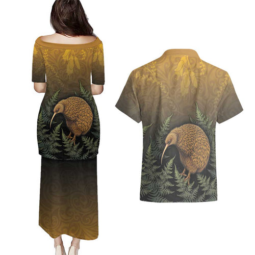 New Zealand Kiwi Bird Couples Matching Puletasi and Hawaiian Shirt Silver Fern Mix Maori Pattern