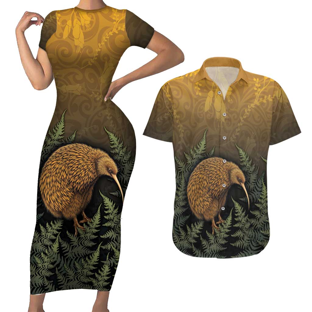 New Zealand Kiwi Bird Couples Matching Short Sleeve Bodycon Dress and Hawaiian Shirt Silver Fern Mix Maori Pattern
