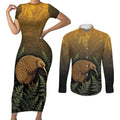 New Zealand Kiwi Bird Couples Matching Short Sleeve Bodycon Dress and Long Sleeve Button Shirt Silver Fern Mix Maori Pattern