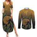 New Zealand Kiwi Bird Couples Matching Summer Maxi Dress and Long Sleeve Button Shirt Silver Fern Mix Maori Pattern