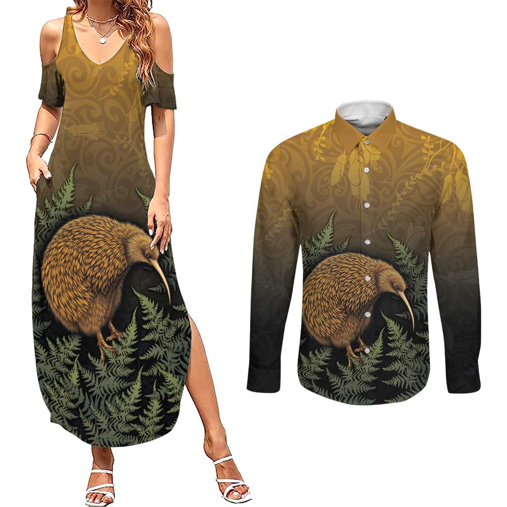 New Zealand Kiwi Bird Couples Matching Summer Maxi Dress and Long Sleeve Button Shirt Silver Fern Mix Maori Pattern