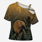 New Zealand Kiwi Bird Cross Shoulder Shirt Silver Fern Mix Maori Pattern