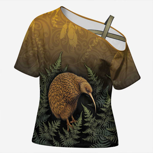 New Zealand Kiwi Bird Cross Shoulder Shirt Silver Fern Mix Maori Pattern