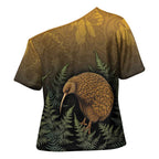 New Zealand Kiwi Bird Cross Shoulder Shirt Silver Fern Mix Maori Pattern