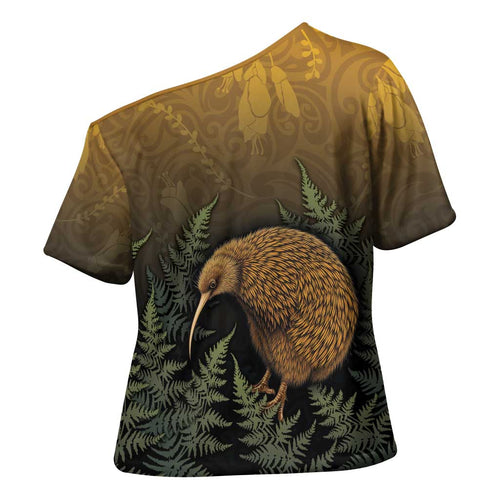 New Zealand Kiwi Bird Cross Shoulder Shirt Silver Fern Mix Maori Pattern