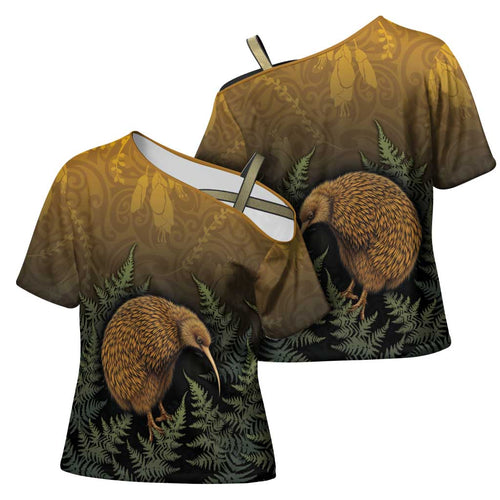 New Zealand Kiwi Bird Cross Shoulder Shirt Silver Fern Mix Maori Pattern